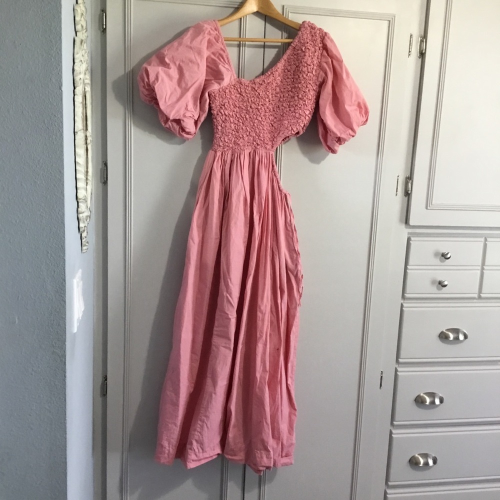 Free People KALINA Smocked Asymmetrical Puff Sleeve Cut Out Midi Dress XS - Picture 5 of 16